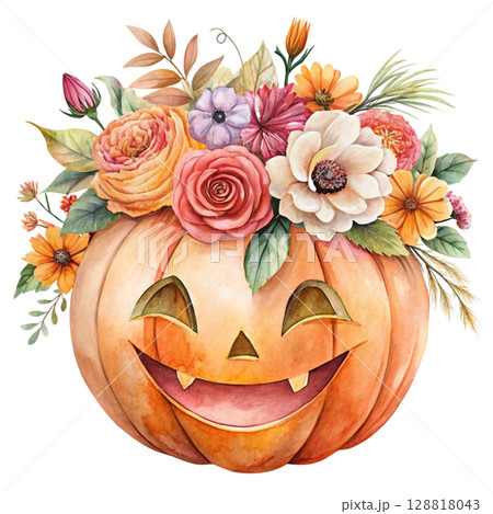 Watercolor illustration of a smiling jack-o-lantern pumpkin surrounded flower 128818043