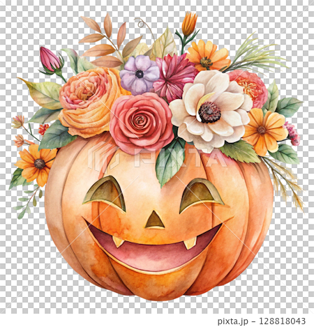 Watercolor illustration of a smiling jack-o-lantern pumpkin surrounded flower 128818043