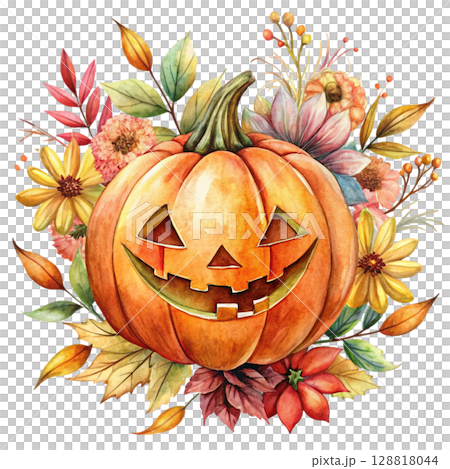 Watercolor illustration of a smiling jack-o-lantern pumpkin surrounded flower 128818044