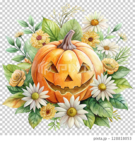 Watercolor illustration of a smiling jack-o-lantern pumpkin surrounded flower 128818053