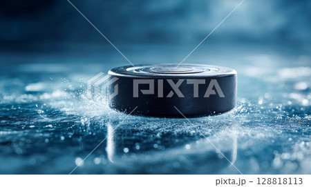 Close-up of a hockey puck sliding across ice with sharp reflections and thin chunks of ice flying 128818113