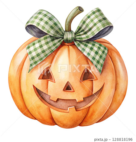 Watercolor Jack-o-lantern with a checkered ribbon on top white background 128818196