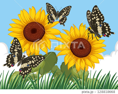 Butterflies and Sunflowers in Vibrant Vector Art 128818668