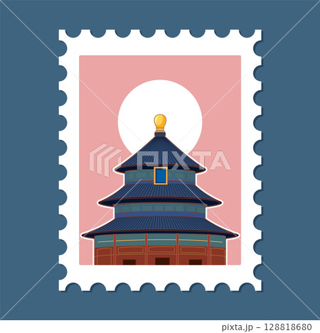 Temple Illustration on Postage Stamp Design 128818680