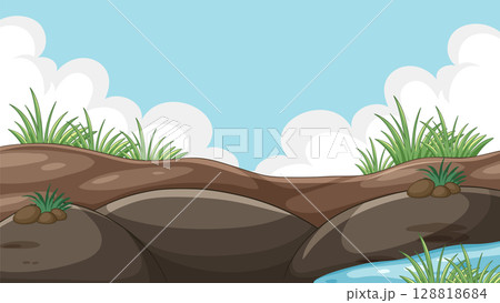 Cartoon Riverbank Landscape with Rocks and Grass 128818684