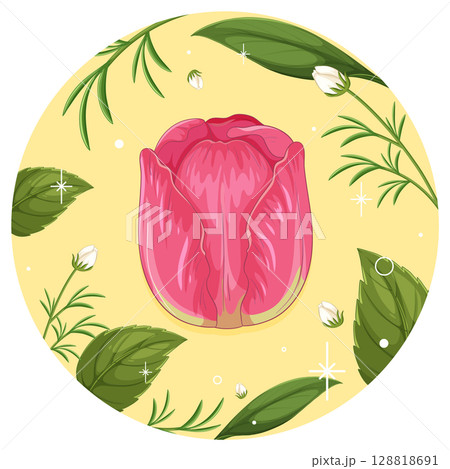 Vibrant Floral Vector with Pink Tulip and Leaves Vibrant Floral Vector with Pink Tulip and Leaves 128818691