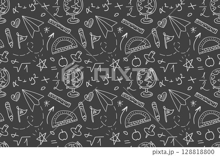 Seamless pattern on a black background in the form of a blackboard with school supplies. Formulas, a globe, and rulers in the style of scribbles. The concept of education is Back to School. Seamless pattern on a black background in the form of a blackboard with school supplies. Formulas, a globe, and rulers in the style of scribbles. The concept of education is Back to School. 128818800