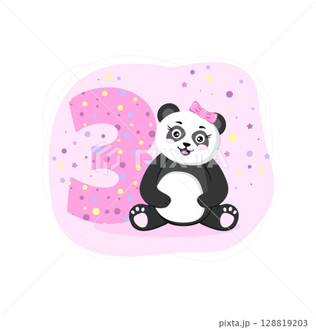 Birthday card with panda girl. Birthday invitation for girl 3 year. Baby shower banner with cute panda for baby banner, baby shower invitation, birthday card, social media, wallpaper, website.  128819203