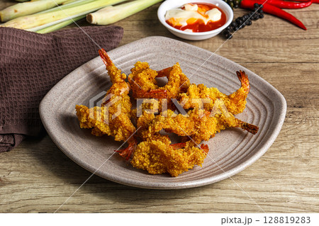 Golden deep prawn tempura wuth sauce Golden deep prawn tempura wuth sauce 128819283