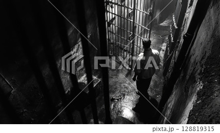 A man stands alone in a dim, grimy prison corridor with an open cell door ahead 128819315