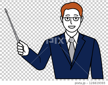 A man in a navy blue suit holding a pointer A man in a navy blue suit holding a pointer 128819393