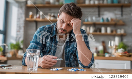 A worried man sits at a kitchen table holding a blister pack of pills with a glass of water in front of him 128819405