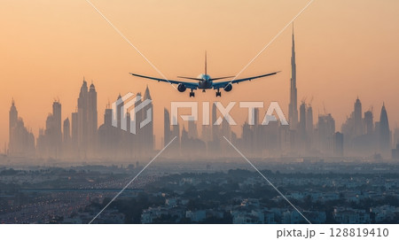 An airplane descends against the stunning backdrop of Dubai's iconic skyline at sunset 128819410