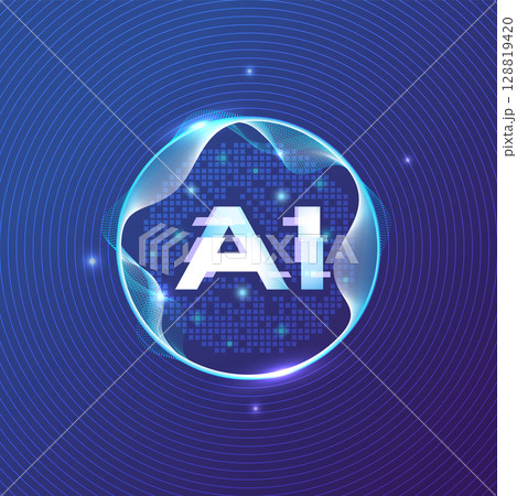 AI Technology Icon in Digital Wave Sphere 128819420