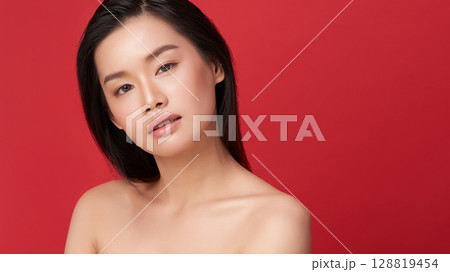 A beautiful young Asian woman with clean, fresh skin against a red background. Skincare, facial treatment, cosmetology, beauty, and spa. An elegant portrait of an Asian woman. A beautiful young Asian woman with clean, fresh skin against a red background. Skincare, facial treatment, cosmetology, beauty, and spa. An elegant portrait of an Asian woman. 128819454
