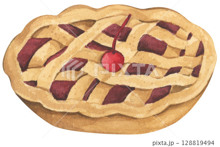 Autumn Pie Set. Cozy Autumn Dessert Watercolor for Feast, Family, and Harvest. Festive Holiday Dish for Thanksgiving, Halloween, or Holiday Menu. 128819494