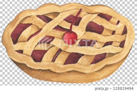 Autumn Pie Set. Cozy Autumn Dessert Watercolor for Feast, Family, and Harvest. Festive Holiday Dish for Thanksgiving, Halloween, or Holiday Menu. 128819494