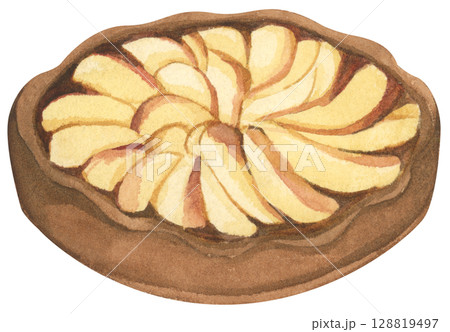 Autumn Pie Set. Cozy Autumn Dessert Watercolor for Feast, Family, and Harvest. Festive Holiday Dish for Thanksgiving, Halloween, or Holiday Menu. 128819497