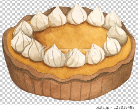 Autumn Pie Set. Cozy Autumn Dessert Watercolor for Feast, Family, and Harvest. Festive Holiday Dish for Thanksgiving, Halloween, or Holiday Menu. 128819498