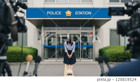 警察署の前で報道陣に向かって頭を下げる女性 128819524