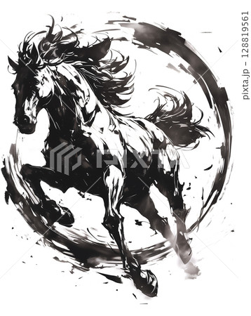 力強く駆ける馬の墨絵風モノクロイラスト「生成AI」のイラスト素材
