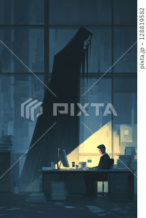 深夜のオフィスで残業するサラリーマンに近づく死神のイラスト「生成AI」 128819582