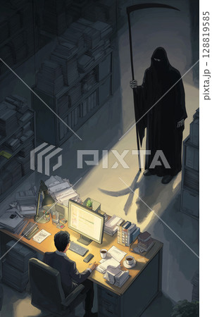 深夜のオフィスで残業するサラリーマンに近づく死神のイラスト「生成AI」 128819585
