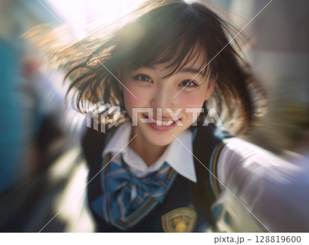 制服姿で元気に微笑む爽やかな女子学生の青春イメージ「生成AI」 制服姿で元気に微笑む爽やかな女子学生の青春イメージ「生成AI」 128819600