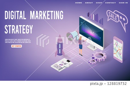 Digital marketing strategies modern isometric design concept. Advertising research, Analysis of content and Promotion. 128819732