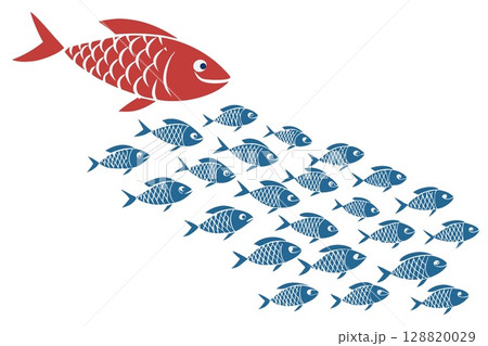 Red Fish Swimming Opposite Blue School.Concept of Individuality 128820029