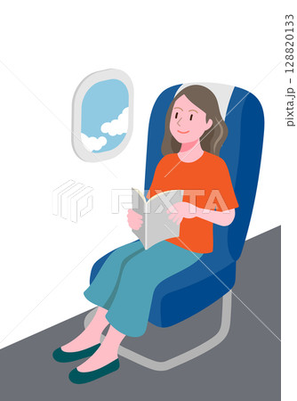 飛行機の窓から外を眺める若い女性 飛行機の窓から外を眺める若い女性 128820133