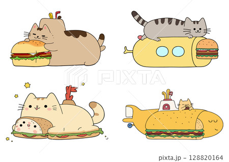 Cartoon Cats with Burgers and Submarines Cartoon Cats with Burgers and Submarines 128820164