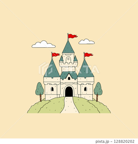 Cartoon Castle with Red Roof and Flags 128820202