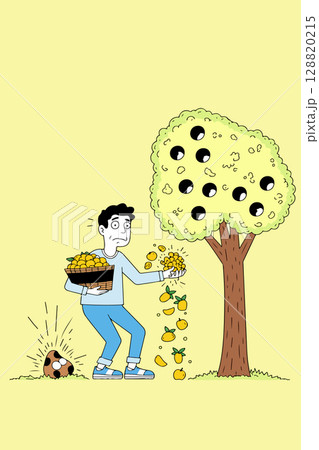 Man Carrying Lemon Tree and Full Basket 128820215
