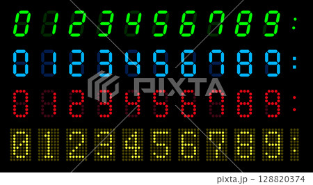 デジタル数字。液晶モニターにスコアボードの数字。時計の文字。 デジタル数字。液晶モニターにスコアボードの数字。時計の文字。 128820374