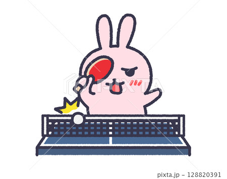 卓球でネットインする、うさぎ(線画カラー)のイラスト 卓球でネットインする、うさぎ(線画カラー)のイラスト 128820391