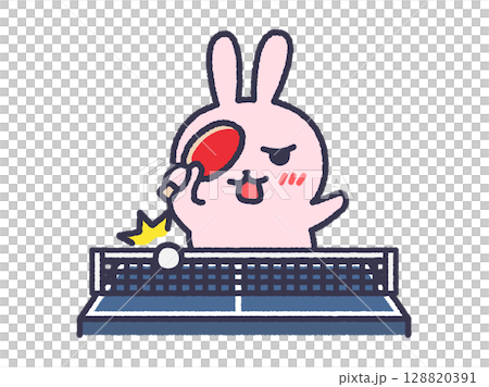 乒乓球比賽中兔子將球擊入網的插圖（彩色線畫） 128820391