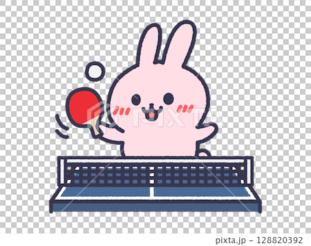 Illustration of a rabbit practicing table tennis (line drawing color) 128820392