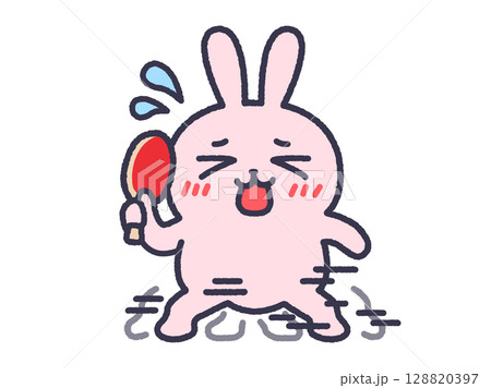 卓球でフットワーク練習をする、うさぎ(線画カラー)のイラスト 卓球でフットワーク練習をする、うさぎ(線画カラー)のイラスト 128820397