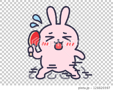 卓球でフットワーク練習をする、うさぎ(線画カラー)のイラスト 卓球でフットワーク練習をする、うさぎ(線画カラー)のイラスト 128820397