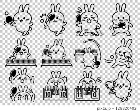 A set of illustrations of a rabbit playing table tennis (line drawing) in various scenes A set of illustrations of a rabbit playing table tennis (line drawing) in various scenes 128820402