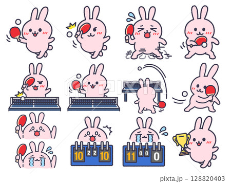 いろいろなシーンの、卓球うさぎ（線画カラー）のイラストセット 128820403