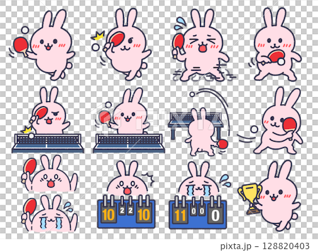 一組乒乓球兔（彩色線條畫）的插圖，各種場景 128820403