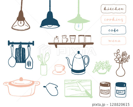 シンプルなカフェキッチンのアイコンセット 128820615
