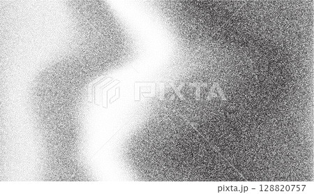 Noise gradient grain background with abstract black and white effect. Paint vector brush dots and shapes on grainy sand paper. Wavy spray grunge with dark space circles and vintage splatter fluid. 128820757