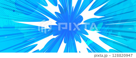Anime explosion radiating bright blue energy beams 128820947