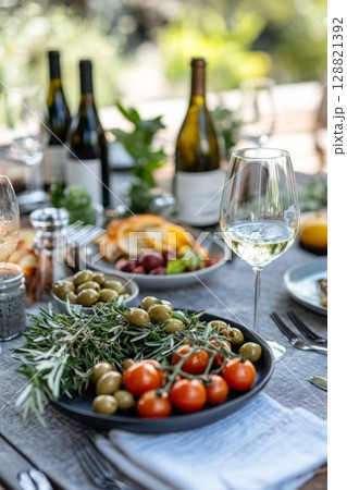 Mediterranean platter with olives, herbs, white wine, and sunlit glassware, ideal for healthy eating, hospitality, or dining invitations. 128821392
