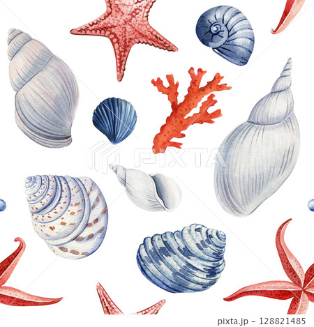 Seamless watercolor pattern with sea shells starfish coral and marine elements in red blue and white ocean theme 128821485