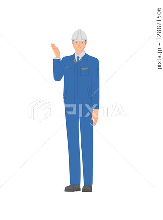 ビジネスイメージ：作業服とヘルメットを身に付けた笑顔の若い男性：手で指し示す 128821506