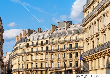 Parisian Charm Classic Architecture and Balconies Under a Sunny Sky in France 128821559